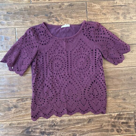 Anthropologie Porridge Women’s Small Short Sleeve Eyelet Lace Top Plum Purple - Picture 2 of 10